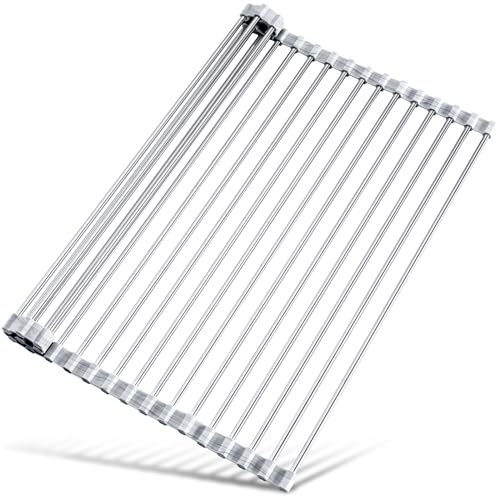Tomorotec Escurridor de Platos Enrollable de Acero Inoxidable con Bordes de Silicona, Plegable, Resistente al Calor, soporta hasta 70 Libras, Apto para Alimentos, 45 x 40 cm (mármol)