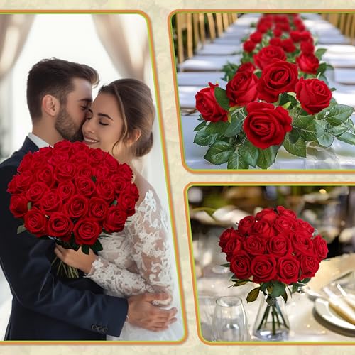 50 PCS Fake Red Roses, Artificial Red Flowers Bulk Realistic Silk Faux Rose with Stems for Wedding Decoration Anniversary Bridal Bouquet DIY Floral Arrangement Romantic Home Decor Gifts - Image 5