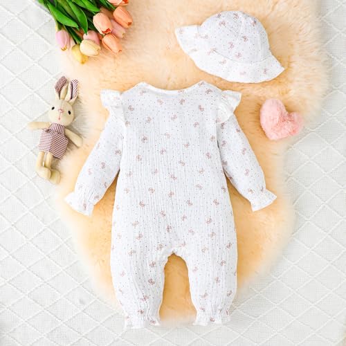 Baby Girls One Piece Romper Jumpsuit Ribbed Knit Floral Print Long Sleeve Newborn Spring Outfits Clothes Set3
