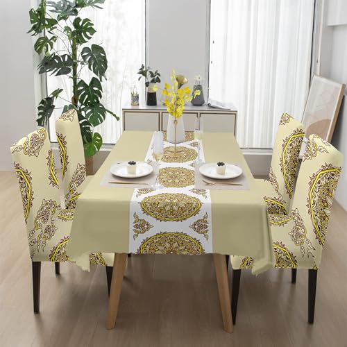 Image of Amazon Basics Dining Table Cover with 6 Chair Covers|Table Cover: 100% Polyester Woven Fabric 140 GSM, 220Cm X 140Cm|Chair Cover: 95% Polyester & 5% Spandex 110 GSM, 50Cm X 40Cm|Beige, Rectangular