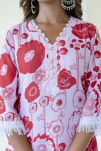 Image of LookMark Women Printed Cotton Blend Straight Kurta Pant Set with Lace - Comfortable Ethnic Wear for Women, Elegant Design, Suitable for Various Occasions
