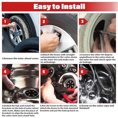 Image of Dually Valve Stem Extenders Kit, Stainless Steel Braided Tire Valve Extension fits 16 inch to 19-1 /2 inch Dual Wheel Valve Stem Extension for Most Cars Motorhome RVs Trailers Trucks, Easy Connecting