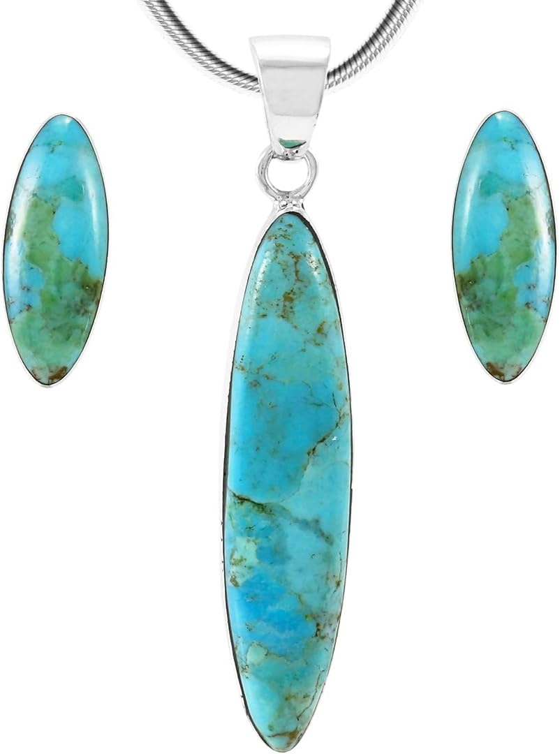 Matching Turquoise Pendant & Earrings Set 925 Sterling Silver (Pendant, Earrings, Stainless Necklace 20")