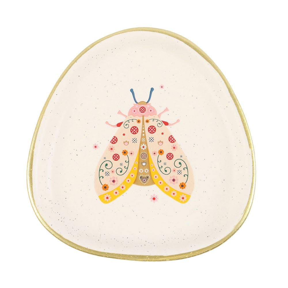 Floral Moth Trinket Dish – Playful Floral Moth Design – Organic Shape with Speckled Ceramic Finish – Gold Edging for Elegance – Perfect for Jewelry, Keys, and Small Keepsakes
