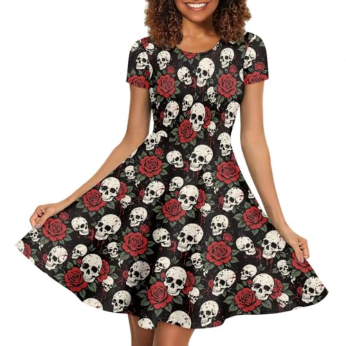 Image of HUGS IDEA Womens Puffy Swing Midi Dress Round Neck Short Sleeve Party A-Line Dresses