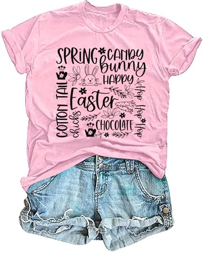 Image of Women Happy Easter T Shirt Bunny Rabbit Graphic T-Shirt Funny Letter Printed Shirts Short Sleeve Tops