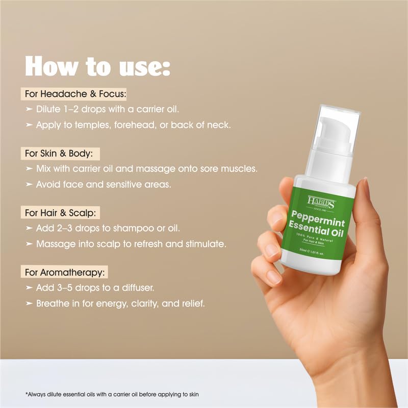 Image of Habibs Orgamatic Pure Peppermint Essential Oil - 100% Undiluted, Therapeutic Grade for Energy, Headaches & Digestion 30ML