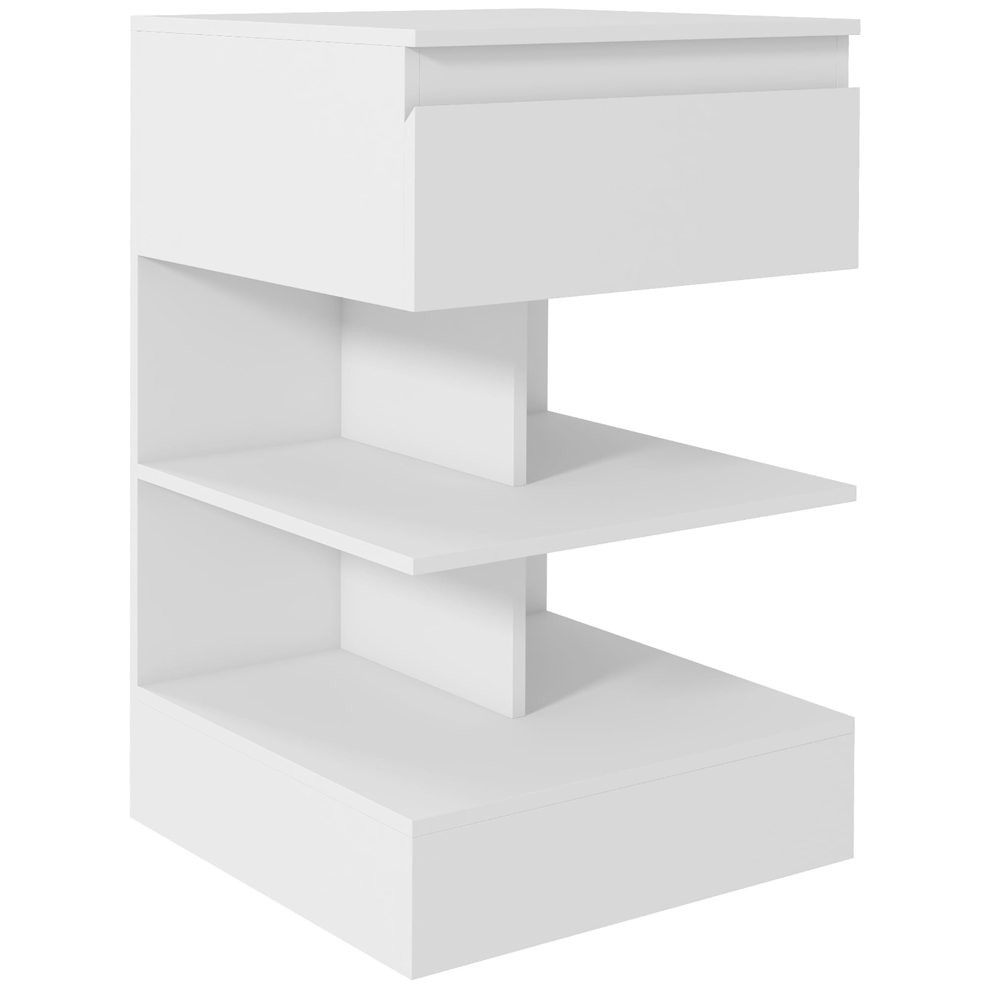 HOMCOM Mesita de Noche Mesa Auxiliar con Cajón para Cama 39x39x65 cm Blanco | 2 Estantes Abiertas, Dormitorio Salón Oficina, Estilo Moderno