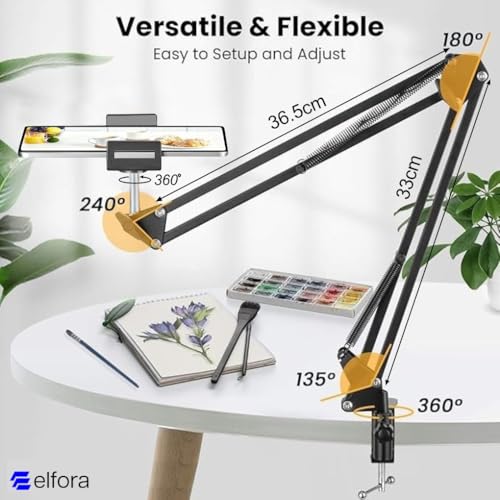 Image of Elfora 360 Rotating Overhead Tablet Tripod Holder for Tabletop | Adjustable Long Arm Clamp Holder for Crafting, Online Class, Cooking Videos & Streaming | Compatible Upto 4-10.6 Inch Tablets (Black)