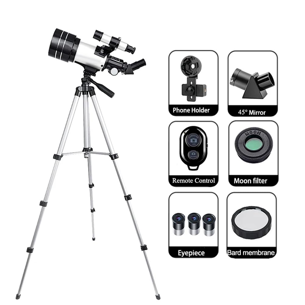 Telescopio astronómico 150X para niños, telescopios refractores de 70 mm para principiantes de astronomía con soporte para teléfono Bluetooth, fácil de usar