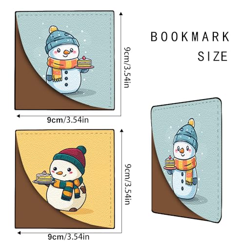 Image of 2Pcs Cute Snowman Cake Corner Bookmarks, Handmade PU Leather Page Corner Protectors, Kawaii Winter Stationery Gift for Kids, Students, Teachers, Fun Reading Accessories 3.54 x 3.54 Inch