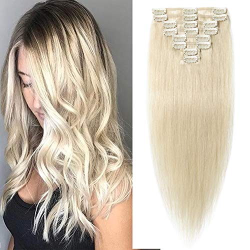 S-noilite Blonde Clip in Hair Extension 100% Real Human Hair 20Inch 70g 8PCS 18 Clips Full Head Clip on Extensions Remy Hair Silky Straight Brazilian Hair #60 Platinum Blonde