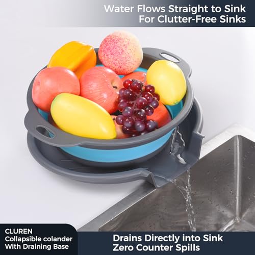 Collapsible Colander Set with Oversized Draining Tray | 3-Pack Foldable Kitchen Strainers + Base | Space Saving for Pasta, Veggies, Fruit & Rice | 5 Colors (Gray-Blue) - Image 2