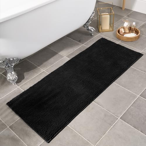 Brentfords Noodle Bath Mats for Bathroom, Non Slip Absorbent Runner Mat Super Soft Thick Bobble Material Large Quick Drying Lightweight - Black, 45 x 110cm