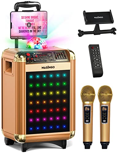 MASINGO Karaoke Machine for Adults & Kids with 2 UHF Wireless Microphones - Portable Singing PA Speaker System w/Two Bluetooth Mics, Party Lights, Lyrics Display Holder & TV Cable - Soprano X1 Gold