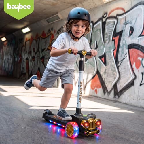 Image of Baybee Twirlo Baby Kick Scooters for Kids with 3 Height Adjustment | Foldable Skating Scooter with Foot Brake | Kids Scooter with RGB Lights & Music | Runner Scooters for Kid 2-10 Years (Black)