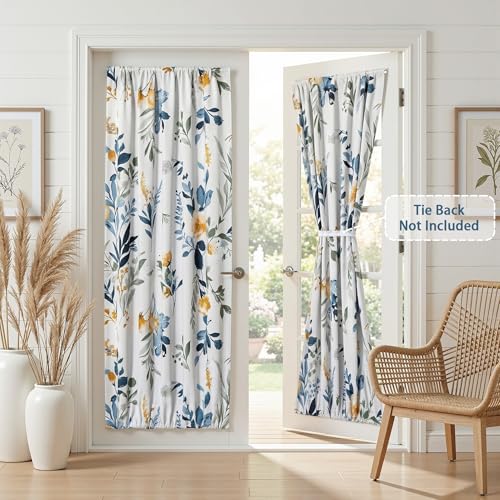 Image of MYSKY HOME Floral French Door Curtains 72 inch Long 2 Panels - Blackout Privacy Sidelight Door Window Drapes with Rod Pocket, Yellow and Blue, 24 inch W Each Panel