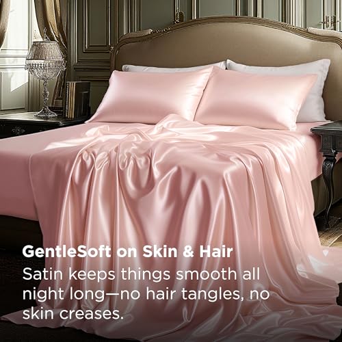 Image of Bedsure Pink Satin Sheets King Size, Soft Silky Bedsheets for Hair & Skin | Similar to Silk Bed Sheets Set 4 Piece with 15 Inches Deep Pocket Fitted Sheet,1 Flat Sheet, 2 Satin Pillowcases