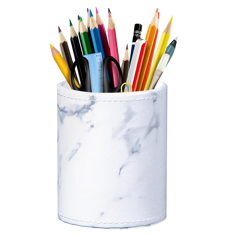 BIBELUN Pen Holder for Desk Cute, Desk Organizers and Workspace Accessories Storage, Pencil Holder Cup for Makeup Brush/Art Supplies/Stationery, Decorative Aesthetic Office Organization, PU Leather