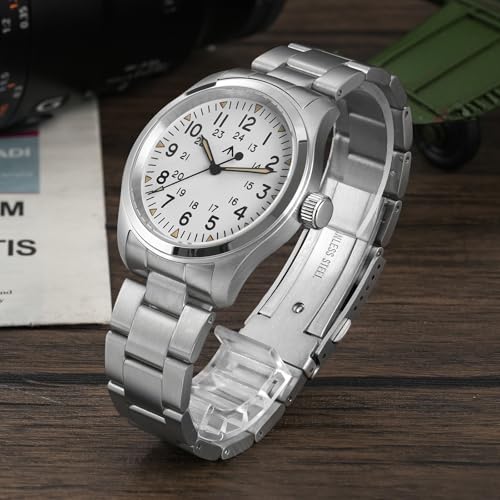 Image of TACTICAL FROG Militado ML08 Field Watch Japanese Sweep VH31 / 515 Movt with Calendar, Men's Military Watch Sapphire Crystal 10 ATM Waterproof Analog Watches for Men | Double-domed sapphire with AR coating, 316L steel, 100m water resistance, C3 lume and screw-down crown