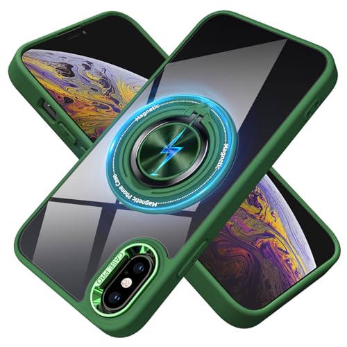 Coque magnétique pour iPhone XS et X transparente rigide avec anneau de support vert JUS12-39