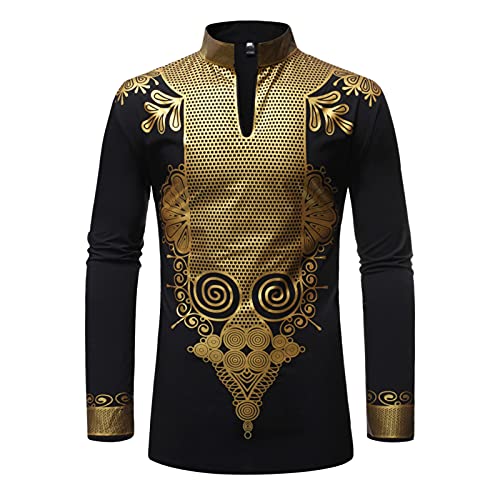 Xinvivion Afrikanische Langarm Dashiki Shirt für Herren, Bedruckte Hemden Traditionelle Ethnische Stehkragen Pullover Robe Cover