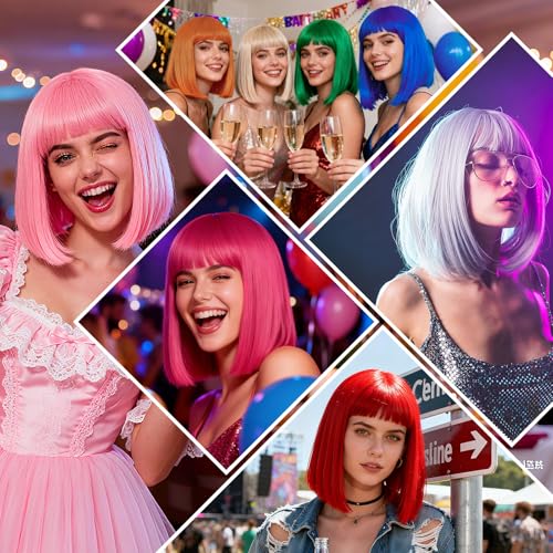 Image of PLULON Light Blue Bob Wig with Bangs, Short Straight Bob Wig with Heart Sunglasses 12 Inch Shoulder Length Heat Resistant Synthetic Hair Cap for Women Natural Look Daily Use Cosplay Costume Party