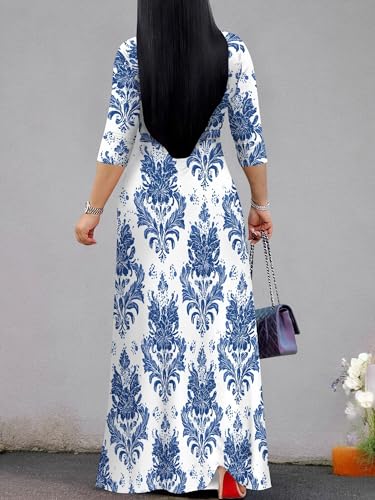 Image of Women's V Neck Floral Maxi Dress 3 /4 Sleeve Plus Size Boho Wrap Flowy Long Dresses with Belt