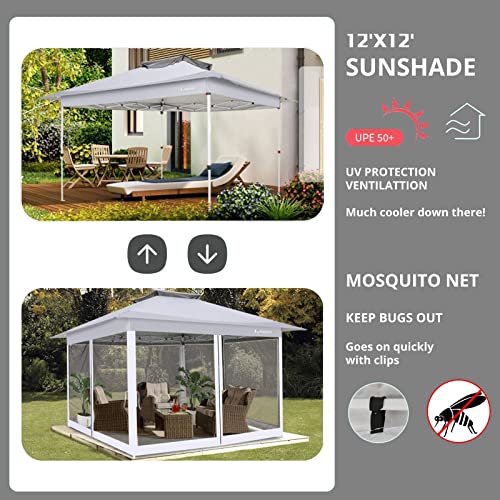 Image of Homdox Gazebo 12x12 Pop Up Gazebo with Mosquito Netting Outdoor Gazebo for Patios, Parties, Backyard, Gazebo Tent with 4 Ropes, 4 Weights, 8 Stakes, 2 Tiered Vented Top