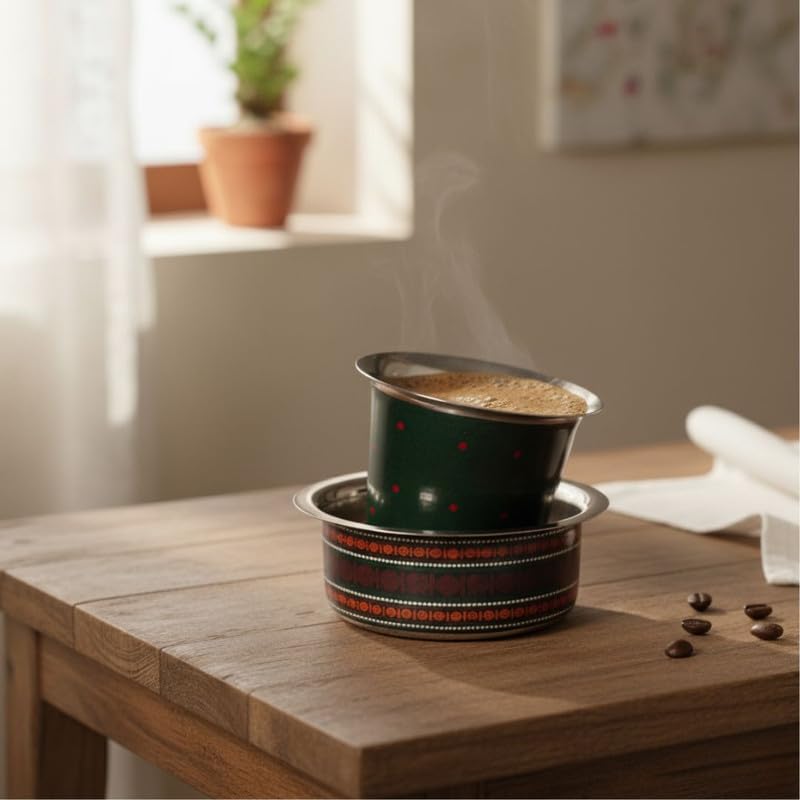Peepul Tree Coffee Dabara Set Made in Steel with Enamel Work in a Kanjeevaram Design Theme | Coffee Mug & Bowl Set of 1 | Stainless Steel