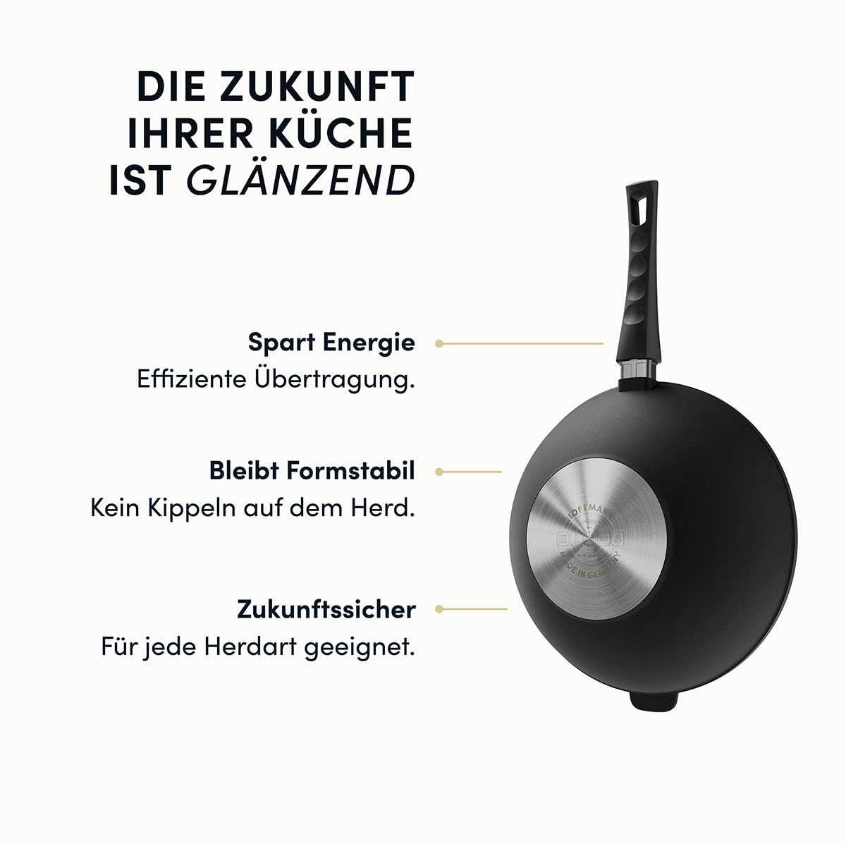 Hoffmann STONIQ Wokpfanne Ø 30 cm – PFAS-frei, Aluguss Wok mit abnehmbarem Stiel, IQ-SHIELD Antihaftbeschichtung, induktionsgeeignet, backofenfest 300 °C – Made in Germany WOK (mit Deckel)