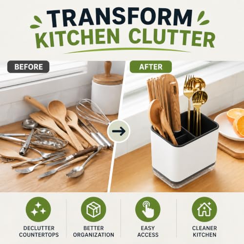 Image of Kitchen Utensil Holder with Drain Tray | Self Draining Countertop Organizer, 3 Compartment Cutlery Caddy | Detachable Water Collection Base for Spoons Forks Knives Cooking Tools (Black)