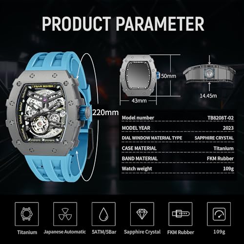Image of TSAR BOMBA Men's Automatic Watch Tonneau Luxury Skeleton Watches for Men Mechanical 50M Waterproof Analogue Watches Mens Unique Cool Square Big Face Dial Wristwatch with Silicone Strap Band