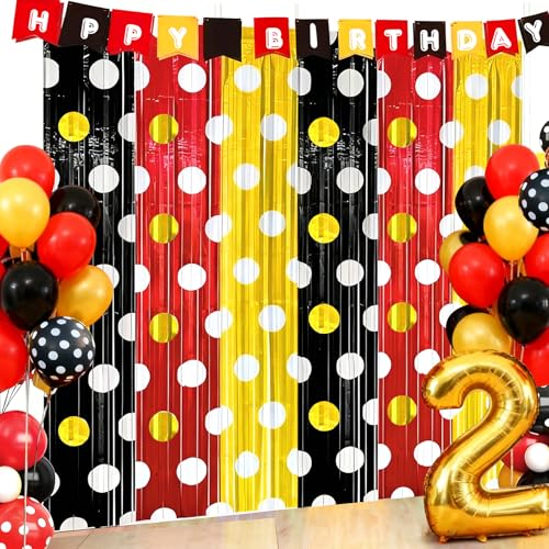 Image of 2 Packs Red Black Yellow Foil Fringe Curtain, Mouse Polka Dots Glitter Metallic Tinsel Backdrop for Birthday Baby Shower Cartoon Mouse Party Decorations Supplies