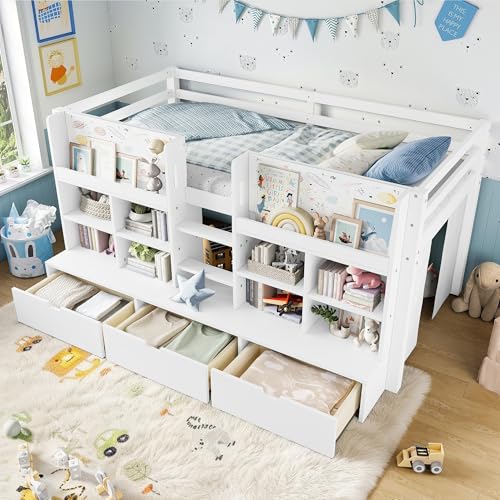 Image of Twin Size Low Loft Bed for Kids with Storage Shelves, Play Curtain & Chalkboard,Space-Saving Design,No Box Spring Needed (White-S7)