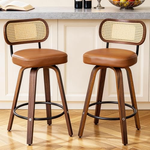 Image of Natural Rattan Bar Stools Set of 2,Upholstered PU Leather, 26'' Counter Height Barstools with Back and Wood Legs,360Swivel,Mid-Century Modern Bar Stool for Kitchen Island Dining Room and Bar(Brown)
