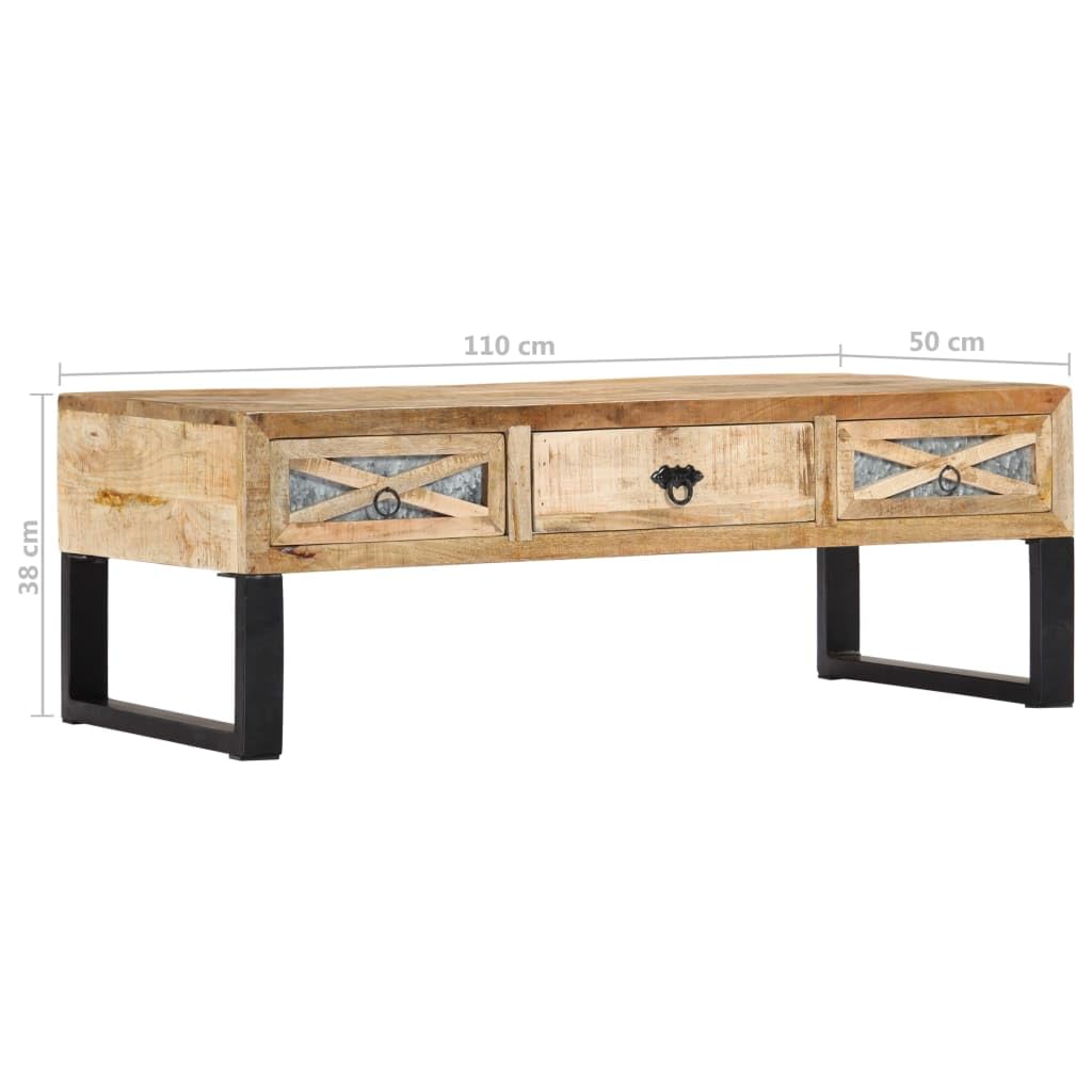 Generic Stolik Kawowy z 3 Szufladami, Naturalny + Czarny, 110 X 50 X 38 Cm, Lite Drewno Mango, Meble Domowe do Salonu, Sprzęt Multimedialny, Książki i Czasopisma