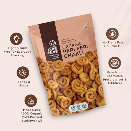 Image of Pure & Sure Organic Peri Peri Chakli Snack 300gm | Delicious Crunchy Namkeen & Snacks | Ready to Eat Tea Time Snacks, Cholesterol Free, No Trans Fats, No Preservatives| 150gm each (Pack of 2)