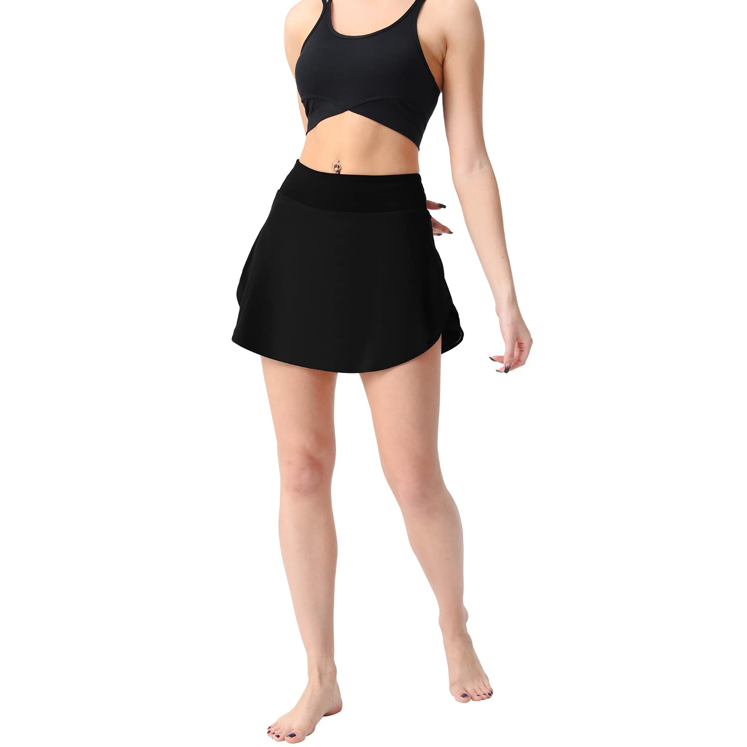 Falda de tenis de malla de cintura alta para mujer, con bolsillos, falda corta, pickleball, atletismo, golf, fluida, Negro, XX-Small