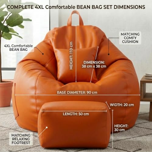 Image of KAM'S LIEU 5XL Luxury Faux Leather Bean Bag with Footrest & Cushion | Pre-Filled High-Density Polystyrene Beans | Premium Leatherette | 6 Months Warranty Color- (Orange, Without Footrest)