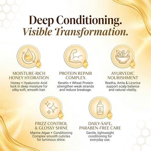 Image of Herbishh Honey Veda Moisture Restore Conditioner 300ml - Hydrating Detangling Conditioner for Dry & Frizzy Hair, Amla, Reetha, Licorice with Keratin & Hyaluronic Acid, Sulfate & Paraben Free