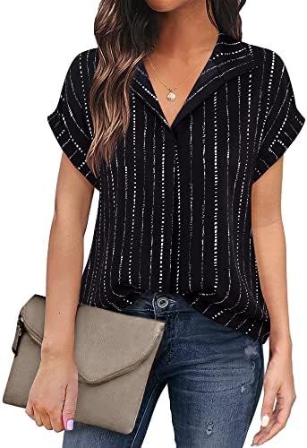 Timeson Womens Short Sleeve Blouses for Work Professional,Womens Dress Shirts Business Casual V Neck Chiffon Tunics Tops for Leggings Loose Fit Silk Peasant Tops Plus Size Maternity Black Stripe XXL