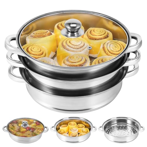 Stainless Steel 3 Tier Steamer 28cm, Food Steamer Pot with Glass Lid Soup Pot for Induction Hob and Gas Hob