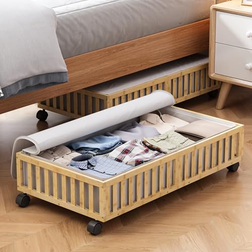 2 Pack Large Bamboo Under Bed Storage Containers with Wheels, Nature | Underbed Drawer Storage with Bag, Wood Rolling Underbed Organizer for Shoes, Sheets Clothes Blanket Comforter, Under Crib Toy