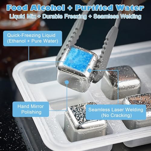 Image of 8 Stainless Steel Whiskey Stones Ice Cubes with Tongs & Container - Food Grade Quick-Frozen Ice for Red Wine, Whiskey, Cocktails - Reusable Metal Ice Cubes for Chilling Drinks
