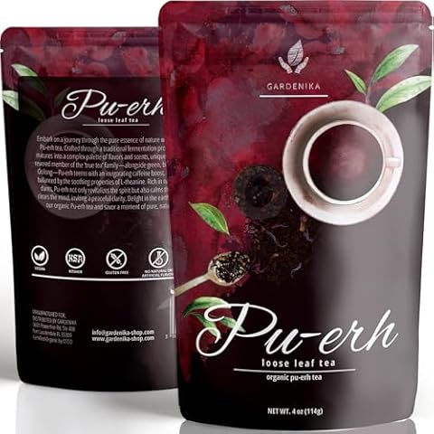 Gardenika Organic Puerh Tea, Loose Lea, High-Caffeine Black Fermented Leaves, Kosher – 4 oz (1 Pack) Cover