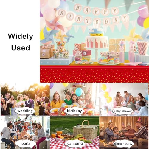 Image of 6 Pack Red and Gold Tablecloth Party Decorations Plastic Red Tablecloth Printed Gold Table Runner 54 x108 Inch Disposable Rectangle Table Cover for Birthday Wedding Graduation