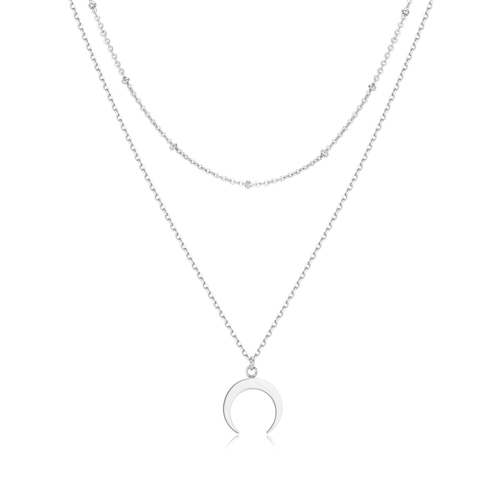 MARLION JEWELS Collar de Acero Inoxidable 316L Doble Cadena Fina con Bolitas y Media Luna. Ajustable. Colgante de Acero Quirúrgico con Baño en Plata u Oro 18K. Perfecto Regalo Cumpleaños. Joyas para mujer.