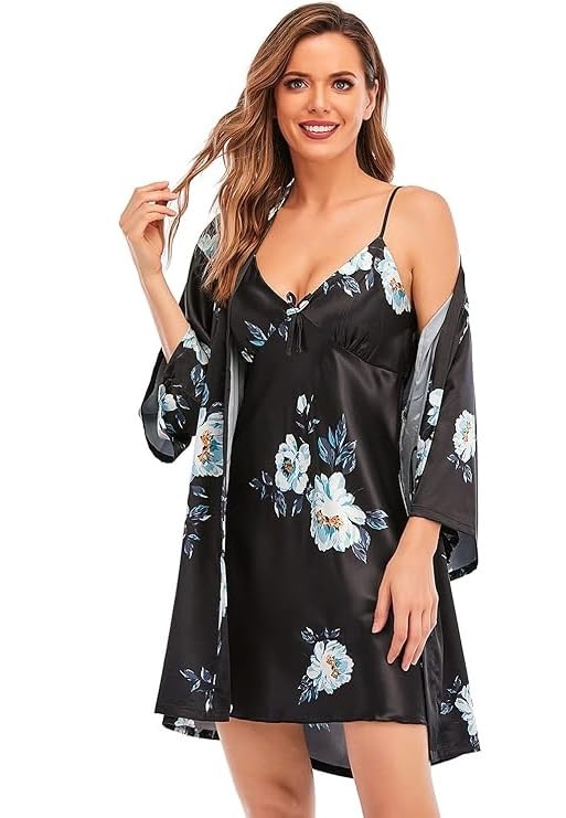 women's satin robe & slip dress set | floral black kimono robe with spaghetti strap nightdress | soft luxury sleepwear & loungewear for women
