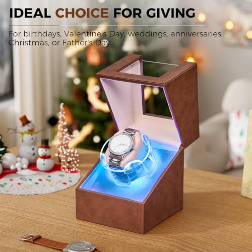Image of ANWBROAD Watch Winder for Automatic Watches, Quiet Motor Flexible Watch Pillows, 4 Modes Automatic Watch Winder box, Rotating Watch Case with Battery or Type-C Adapter Brown UJWW006Z